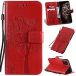 For iPhone 11 Pro Max Tree & Cat Pattern Pressed Printing Horizontal Flip PU Leather Case with Holder & Card Slots & Wallet & Lanyard (Red)