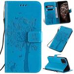 For iPhone 11 Pro Max Tree & Cat Pattern Pressed Printing Horizontal Flip PU Leather Case with Holder & Card Slots & Wallet & Lanyard (Blue)