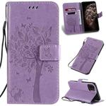 For iPhone 11 Pro Max Tree & Cat Pattern Pressed Printing Horizontal Flip PU Leather Case with Holder & Card Slots & Wallet & Lanyard (Light Purple)