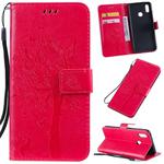 Tree & Cat Pattern Pressed Printing Horizontal Flip PU Leather Case with Holder & Card Slots & Wallet & Lanyard For Vivo Y93 / Y91 / Y95(Rose Red)