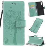 Tree & Cat Pattern Pressed Printing Horizontal Flip PU Leather Case with Holder & Card Slots & Wallet & Lanyard For Galaxy  Note10(Green)