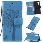 Tree & Cat Pattern Pressed Printing Horizontal Flip PU Leather Case with Holder & Card Slots & Wallet & Lanyard For Galaxy  Note10(Blue)