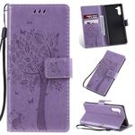 Tree & Cat Pattern Pressed Printing Horizontal Flip PU Leather Case with Holder & Card Slots & Wallet & Lanyard For Galaxy  Note10(Light Purple)