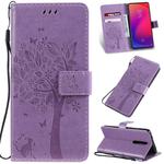 Tree & Cat Pattern Pressed Printing Horizontal Flip PU Leather Case with Holder & Card Slots & Wallet & Lanyard For Xiaomi Mi 9T & Mi 9T Pro & Redmi K20 & K20 Pro(Light Purple)