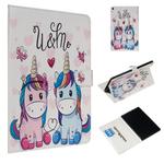 For Amazon Kindle HD10 2017 Colored Drawing Pattern Horizontal Flip PU Leather Case with Holder & Card Slots(Couple Unicorn)