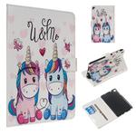 For Galaxy Tab A 8.0 & S Pen (2019) / P205 Colored Drawing Pattern Horizontal Flip PU Leather Case with Holder & Card Slots(Couple Unicorn)