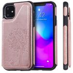 For iPhone 11 Cat Tree Embossing Pattern Shockproof Protective Case with Card Slots & Photo Frame(Rose Gold)