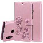 For Galaxy A20e Pressed Printing Rose Pattern Horizontal Flip PU Leather Case with Holder & Card Slots & Wallet(Rose Gold)