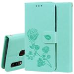 For Galaxy A20e Pressed Printing Rose Pattern Horizontal Flip PU Leather Case with Holder & Card Slots & Wallet(Green)
