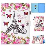 For iPad 5 / 6 / 8 Colored Drawing Stitching Horizontal Flip Leather Case, with Holder & Card Slots(Flower Tower)