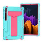 For Samsung Galaxy Tab S8 / Galaxy Tab S7 T870 / T875 T-shaped Bracket Contrast Color Shockproof PC + Silicone Protective Case(Mint Green+Rose Red)