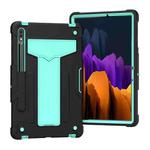 For Samsung Galaxy Tab S8 / Galaxy Tab S7 T870 / T875 T-shaped Bracket Contrast Color Shockproof PC + Silicone Protective Case(Black+Mint Geen)