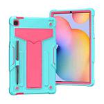 For Samsung Galaxy Tab S6 Lite P610/615 T-shaped Bracket Contrast Color Shockproof PC + Silicone Protective Case(Mint Green+Rose Red)