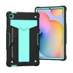 For Samsung Galaxy Tab S6 Lite P610/615 T-shaped Bracket Contrast Color Shockproof PC + Silicone Protective Case(Black+Mint Geen)