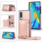 For Huawei P30 Square Zipper Wallet Bag TPU+PU Back Cover Case with Holder & Card Slots & Wallet & Cross-body Strap(Rose Gold)