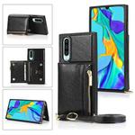 For Huawei P30 Square Zipper Wallet Bag TPU+PU Back Cover Case with Holder & Card Slots & Wallet & Cross-body Strap(Black)