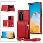 For Huawei P40 Pro Square Zipper Wallet Bag TPU+PU Back Cover Case with Holder & Card Slots & Wallet & Cross-body Strap(Red)