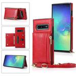 For Samsung Galaxy S10 Plus Square Zipper Wallet Bag TPU+PU Back Cover Case with Holder & Card Slots & Wallet & Cross-body Strap(Red)