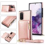 For Samsung Galaxy S20 Plus Square Zipper Wallet Bag TPU+PU Back Cover Case with Holder & Card Slots & Wallet & Cross-body Strap(Rose Glod)