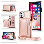 For iPhone 11 Square Zipper Wallet Bag TPU+PU Back Cover Case with Holder & Card Slots & Wallet & Cross-body Strap (Rose Glod)