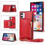 For iPhone 11 Square Zipper Wallet Bag TPU+PU Back Cover Case with Holder & Card Slots & Wallet & Cross-body Strap (Red)