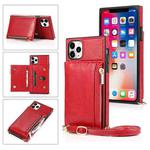 For iPhone 11 Pro Square Zipper Wallet Bag TPU+PU Back Cover Case with Holder & Card Slots & Wallet & Cross-body Strap (Red)