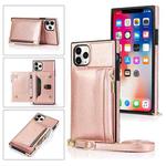 For iPhone 11 Pro Max Square Zipper Wallet Bag TPU+PU Back Cover Case with Holder & Card Slots & Wallet & Cross-body Strap (Rose Glod)