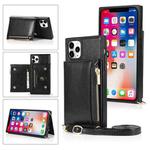 For iPhone 11 Pro Max Square Zipper Wallet Bag TPU+PU Back Cover Case with Holder & Card Slots & Wallet & Cross-body Strap (Black)