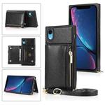 For iPhone XR Square Zipper Wallet Bag TPU+PU Back Cover Case with Holder & Card Slots & Wallet & Cross-body Strap(Black)