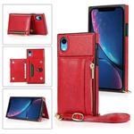 For iPhone XR Square Zipper Wallet Bag TPU+PU Back Cover Case with Holder & Card Slots & Wallet & Cross-body Strap(Red)