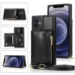 For iPhone 12 mini Square Zipper Wallet Bag TPU+PU Back Cover Case with Holder & Card Slots & Wallet & Cross-body Strap (Black)
