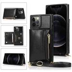 For iPhone 12 / 12 Pro Square Zipper Wallet Bag TPU+PU Back Cover Case with Holder & Card Slots & Wallet & Cross-body Strap(Black)