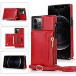 For iPhone 12 / 12 Pro Square Zipper Wallet Bag TPU+PU Back Cover Case with Holder & Card Slots & Wallet & Cross-body Strap(Red)