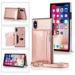 For iPhone X / XS Square Zipper Wallet Bag TPU+PU Back Cover Case with Holder & Card Slots & Wallet & Cross-body Strap(Rose Glod)