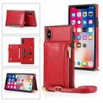 For iPhone XS Max Square Zipper Wallet Bag TPU+PU Back Cover Case with Holder & Card Slots & Wallet & Cross-body Strap(Red)