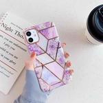 For iPhone 11 Gold Rimmed Splicing Marble Pattern Plating Double-layer PC Case (Light Purple Flowers)