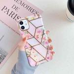 For iPhone 12 mini Gold Rimmed Splicing Marble Pattern Plating Double-layer PC Case (Pink Flowers)