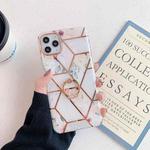 For iPhone 11 Gold Rimmed Splicing Marble Pattern Plating Double-layer PC Case with Ring Holder (Vintage Flowers)