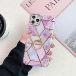 Gold Rimmed Splicing Marble Pattern Plating Double-layer PC Case with Ring Holder For iPhone 11 Pro(Light Purple Flowers)