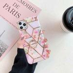 For iPhone 12 mini Gold Rimmed Splicing Marble Pattern Plating Double-layer PC Case with Ring Holder (Pink Flowers)