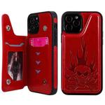 For iPhone 12 / 12 Pro Skull Head Embossing Pattern Shockproof Protective Case with Holder & Card Slots & Wallet(Red)