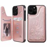 For iPhone 12 / 12 Pro Skull Head Embossing Pattern Shockproof Protective Case with Holder & Card Slots & Wallet(Rose Gold)
