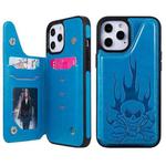 For iPhone 12 Pro Max Skull Head Embossing Pattern Shockproof Protective Case with Holder & Card Slots & Wallet(Blue)