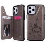 For iPhone 12 Pro Max Skull Head Embossing Pattern Shockproof Protective Case with Holder & Card Slots & Wallet(Grey)