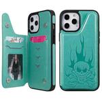 For iPhone 12 Pro Max Skull Head Embossing Pattern Shockproof Protective Case with Holder & Card Slots & Wallet(Green)