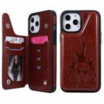 For iPhone 12 Pro Max Skull Head Embossing Pattern Shockproof Protective Case with Holder & Card Slots & Wallet(Brown)