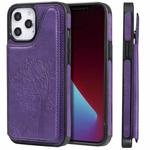 For iPhone 12 Pro Max Cat Tree Embossing Pattern Shockproof Protective Case with Card Slots & Photo Frame & Holder(Purple)