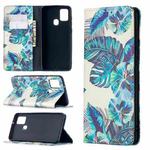 For Samsung Galaxy A21s Colored Drawing Pattern Invisible Magnetic Horizontal Flip PU Leather Case with Holder & Card Slots & Wallet(Blue Leaf)