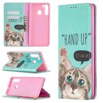 For Samsung Galaxy A21 Colored Drawing Pattern Invisible Magnetic Horizontal Flip PU Leather Case with Holder & Card Slots & Wallet(Cat)