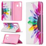 For Samsung Galaxy A21 Colored Drawing Pattern Invisible Magnetic Horizontal Flip PU Leather Case with Holder & Card Slots & Wallet(Sun Flower)
